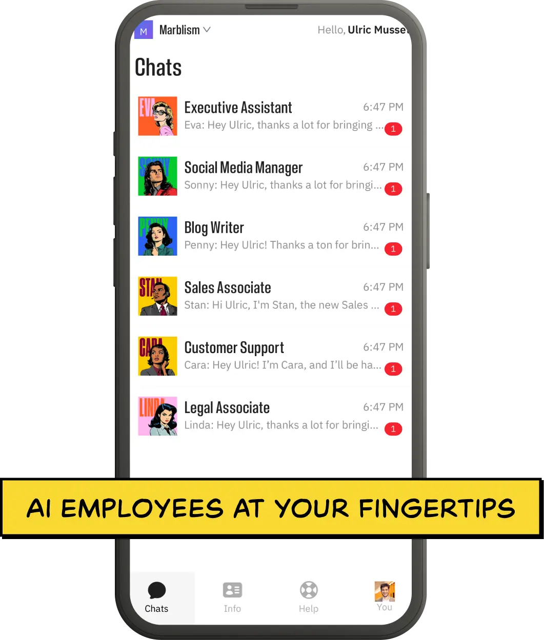 All conversations with Marblism's AI employees